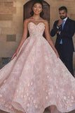 Princess Sexy A-Line Sweetheart Strapless Pink Beaded Lace Prom Dress with Appliques PH801