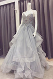 A Line Sweetheart Beads Organza Gray Lace Appliques Strapless Cheap Prom Dresses uk PH818