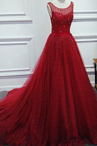Luxurious A Line Round Neck Red Long Prom Dresses with Pearl