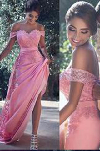 Pink Off-the-Shoulder Sweep Train Lace Prom Dress