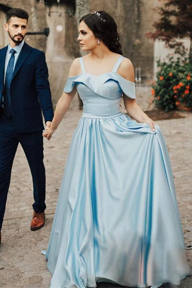 Satin Light Blue Prom Gowns with Folded Neckline Sweetheart Long Prom Dresses PW485