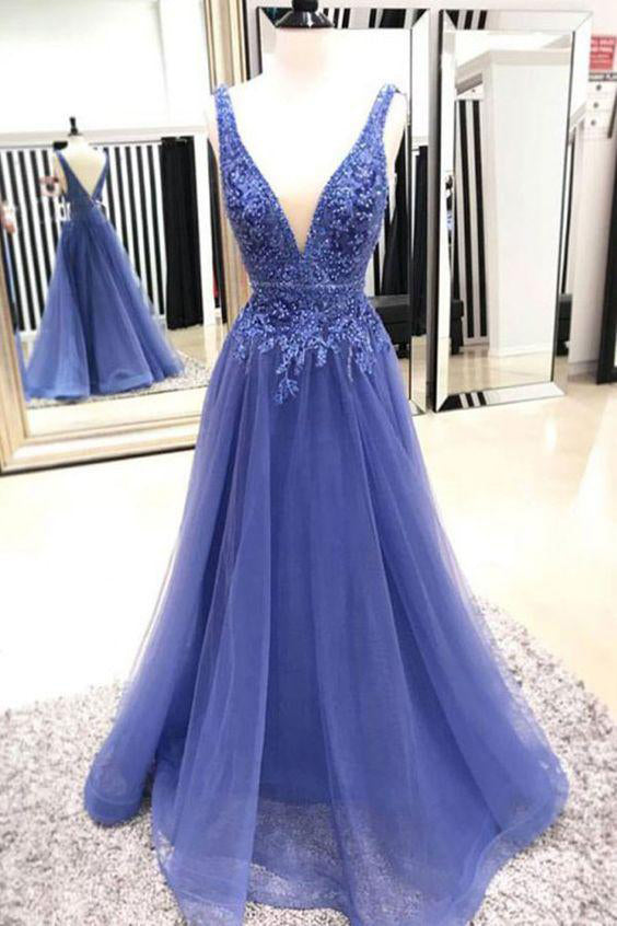 Sexy A Line Deep V Neck Sleeveless Lace Tulle Long Prom Dresses, Evening Dresses PW872