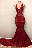 Sexy Red Mermaid Sequins Deep V Neck Prom Dresses, Long Evening Dresses PW908