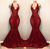 Sexy Burgundy Mermaid Sequins Deep V-Neck Prom Dress Long Evening Dress PW908