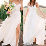 Sexy Spaghetti Straps Boho Bridal Dresses with Slit V-Neck Side Slit Beach Wedding Dresses W1033