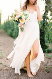 Sexy Spaghetti Straps Boho Bridal Dress with Slit, V Neck Side Slit Beach Wedding Dresses W1033