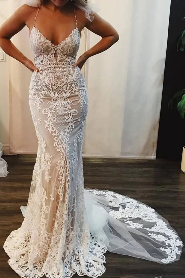 Sexy Spaghetti Straps Mermaid Wedding Dresses Lace Appliques V Neck Bridal Dresses W1070
