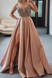 Sexy V Neck Dark Pink Beaded Satin Prom Dresses, Evening Dresses with High Slit P1061