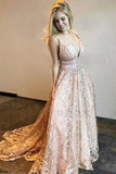 Simple A Line Lace Deep V Neck Floor Length Prom Dresses, Pink Evening Dresses PW992