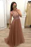 Simple Brown V Neck Beads Prom Dresses Tulle Long Cheap Prom Gowns PW592