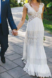Simple Lace V Neck Ruched Short Sleeves White Floor Length Wedding Dresses PW583