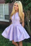 Simple Lilac Jacquard Floral Homecoming Dresses with Pocket Halter Graduation Dresses PW949