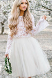 Simple Long Sleeve Lace Two Piece Short Prom Dresses, Ivory Homecoming Dresses PW863