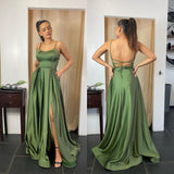 A Line Spaghetti Straps Long Prom Dresses With Pocket PD022