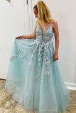 Spaghetti Straps Floral Beading Long Mint Green Prom Dress, V Neck Tulle Formal Dress P1003