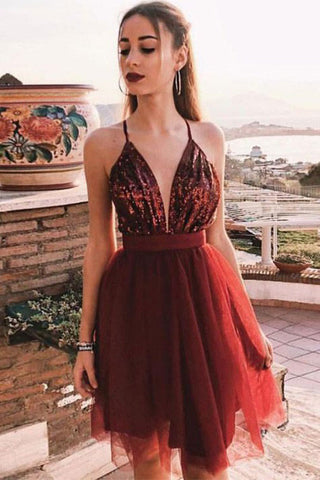 Spaghetti Straps V Neck Burgundy Tulle Homecoming Dresses with Sequins, Prom Dresses H1099