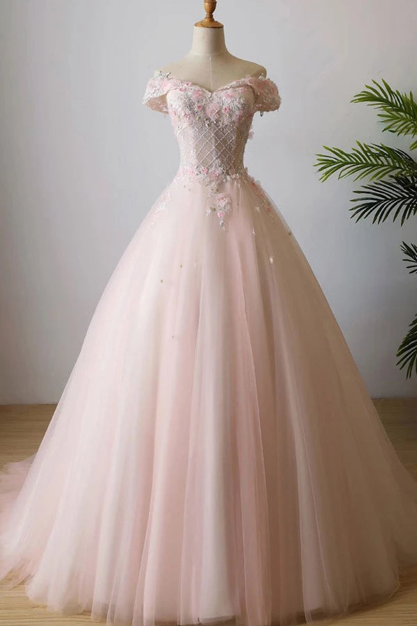 Stunning Off the Shoulder Pink Ball Gown Quinceanera Dresses Tulle 3D Flowers Prom Dresses P1142