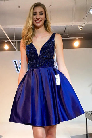 A-line V-neck Short Mini Satin Short Royal Blue Beaded Prom Dress,Homecoming Dresses PH569