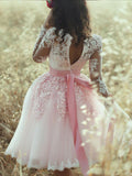 A Line Pink Long Sleeves Sweetheart Lace Tulle Homecoming Dresses PH575