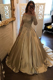 Satin Ball Gown Gold Long Sleeves Scoop Lace Appliques Beads Floor Length Prom Dresses uk PM771