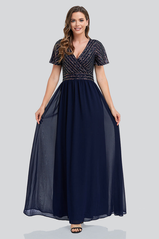 A Line V-neck Sparkly Short Sleeve Tulle Floor-length Prom Dresses