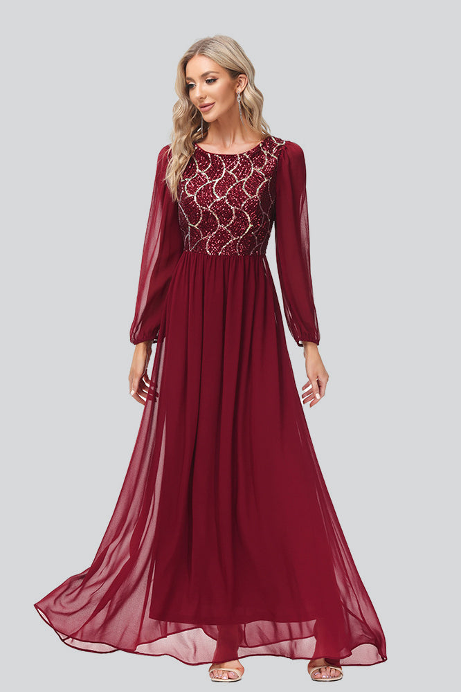 Sequins Party Dress Chiffon Long Sleeve Prom Dresses
