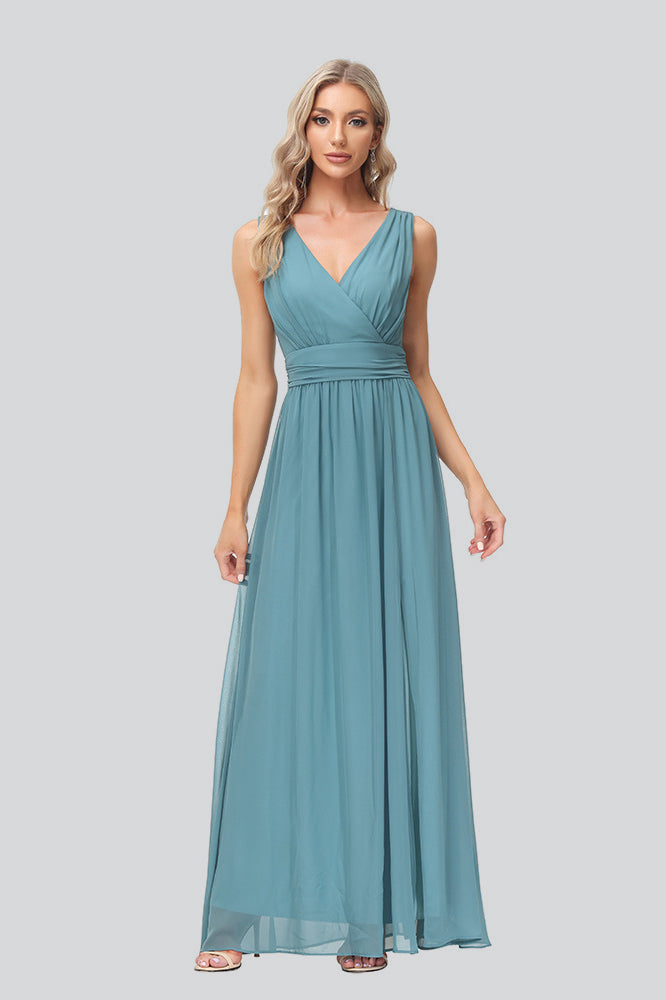 Sleeveless A Line Pleated Long Bridesmaid Dresses with Slit
