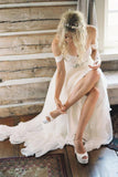 Elegant Off-shoulder Sweetheart Beading Sash Long Chiffon Wedding Dresses PM127