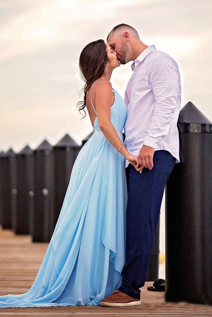 Thigh Split Sky Blue Rustic Wedding Dress Beach Wedding Gown with Court Train W1016