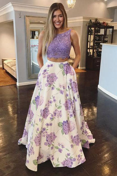 Two Pieces Floral Print Top Lace Purple Prom Dresses, Scoop Party Dresses with Pockets P1060