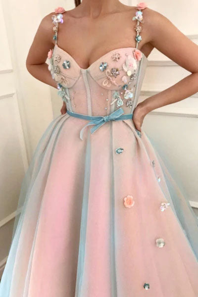 Stunning Applique A Line Spaghetti Straps Tulle Sweetheart Prom Dress with Belt P1220