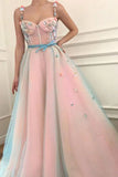 Stunning Applique A-Line Spaghetti Straps Tulle Sweetheart Prom Dresses with Belt P1220