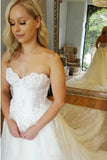 A Line Sweetheart Strapless Lace Tulle Sleeveless Wedding Dresses with Appliques PH398