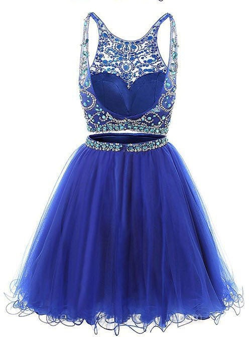 Jewel Neck Illusion Sequins Crystal Shining Two Piece Low Back Royal Blue Tulle Homecoming Dress