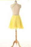Dramatic A Line V-Neck Short Chiffon Backless Daffodil Homecoming Dress with Rhinestone PM470