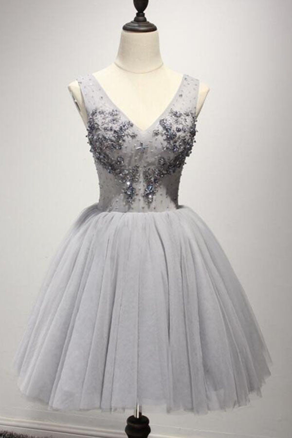 A Line Grey V-Neck Tulle Homecoming Dress H34