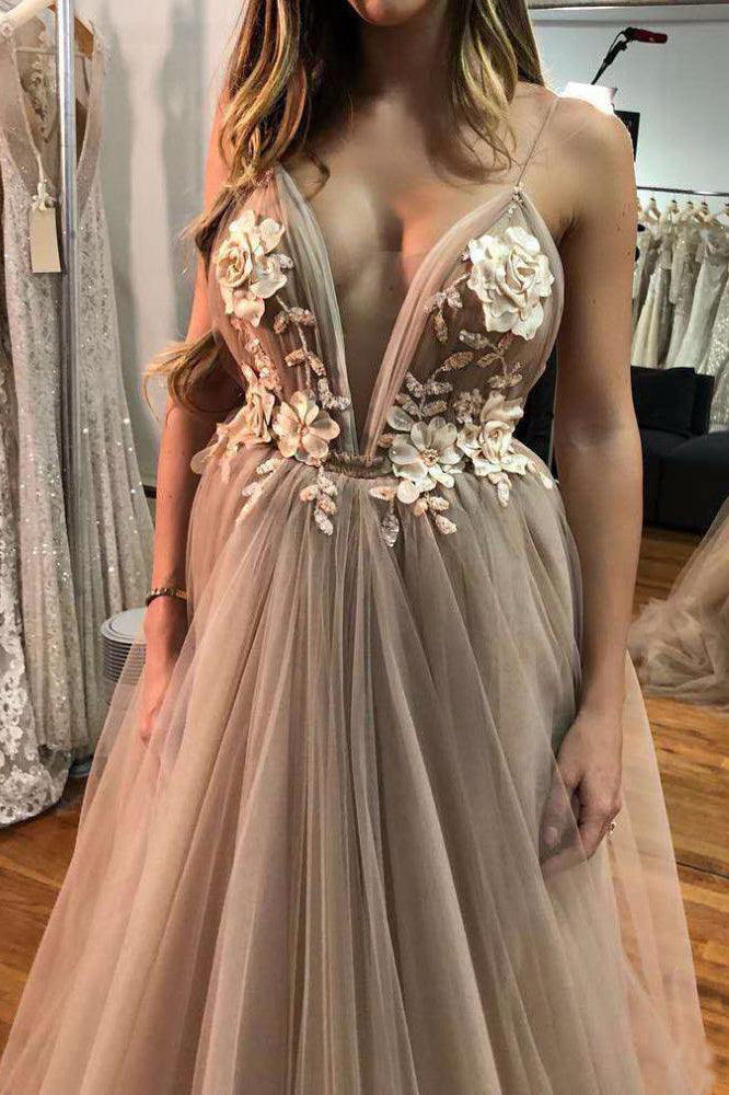 Unique Floral Embroidered V Neck Backless Spaghetti Straps Prom Dresses with Flowers PW974