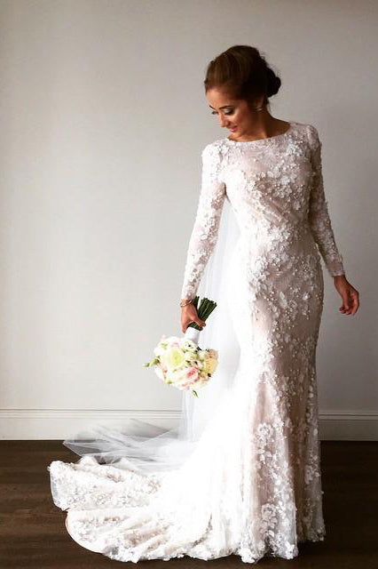 Unique Long Sleeve Mermaid Lace Wedding Dresses with Beads, Wedding Gowns PW828