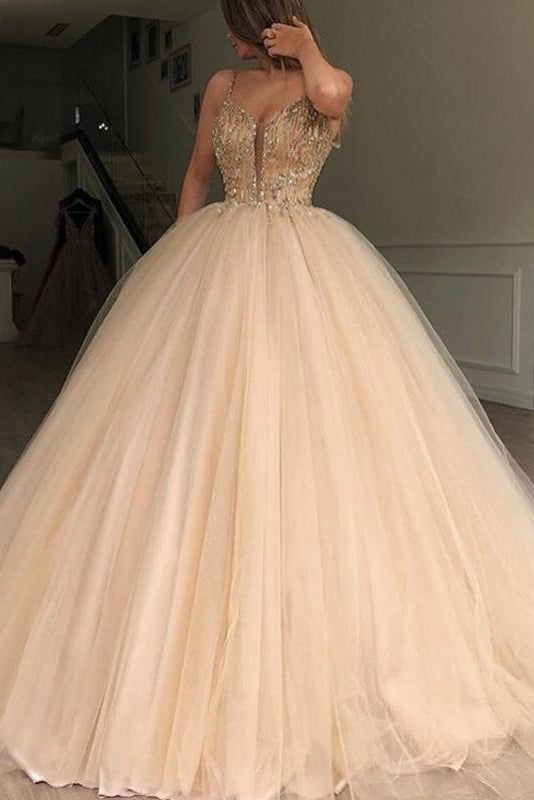 Unique Spaghetti Straps V Neck Beads Ball Gown Tulle Prom Dresses, Quinceanera Dresses P1112