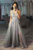 Chic Grey A Line V Neck Long Appliques Tulle Prom Dresses with Side Slit, Formal Dresses P1164