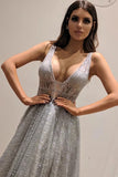 Chic A Line Silver Backless V-Neck Fashion Custom Unique Long Prom Dress P1199