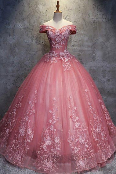 Ball Gown Off-the-Shoulder Watermelon Tulle Appliques Cheap Wedding Dresses uk with Appliques PH271