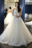 Elegant White A-Line Scoop Neck Tulle Backless Sleeveless Appliques Wedding Dress PM403