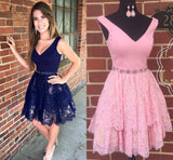 V-Neck Navy Blue Straps Beads Lace Homecoming Dresses Short Prom Dresses H1185