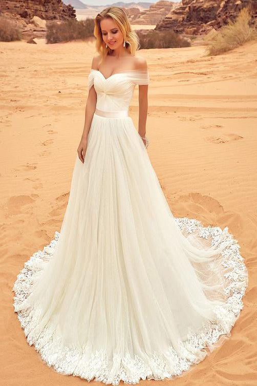 Sexy Off-the-Shoulder Sweep Train Sweetheart A-Line Tulle Ivory Floor-Length Wedding Dress PM865