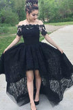 Vintage A-Line Off the Shoulder Black Lace High Low Short Sleeve Prom Homecoming Dresses uk PW80