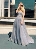A-line Spaghetti Straps Grey Tulle Prom Dress
