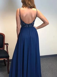 Sexy A Line Spaghetti Straps Navy Blue Long Prom Dresses