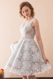 A Line V-Neck Grey Lace Homecoming Dress With Flowers H17602