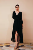 Elegant Long Sleeve V-Neck Black Chiffon High Low Prom Dresses WH191049